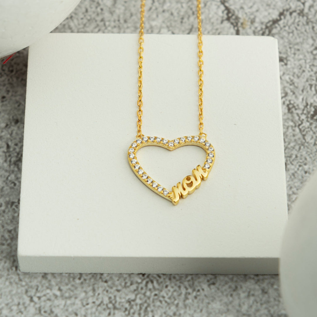 Round Cut Diamond Heart Mom Necklace Gift for Women - Doozy Diamonds