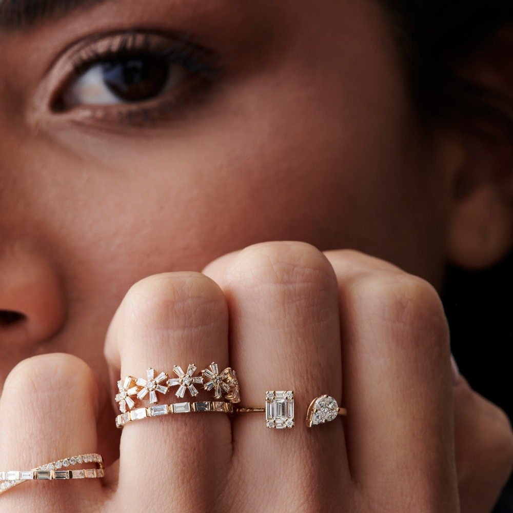 Round & Baguette Cut Diamond Multi Flower Design Ring for Women - Doozy Diamonds