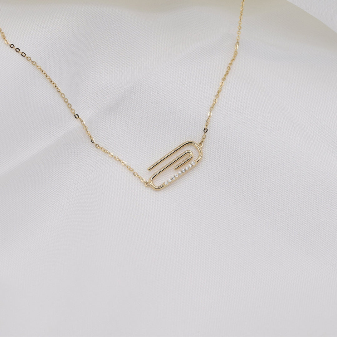 Round Cut Diamond Solid Gold Paper Clip Necklace for Women - Doozy Diamonds