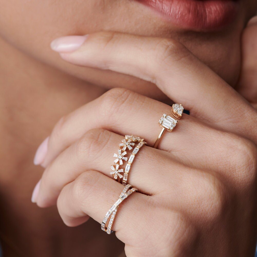 Round & Baguette Cut Diamond Multi Flower Design Ring for Women - Doozy Diamonds