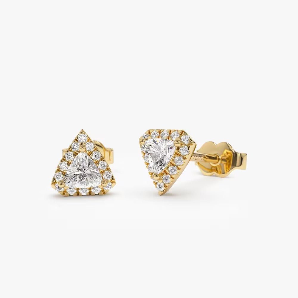 Trilliant Diamond with Halo Setting Stud Earrings for Christmas Gift - Doozy Diamonds