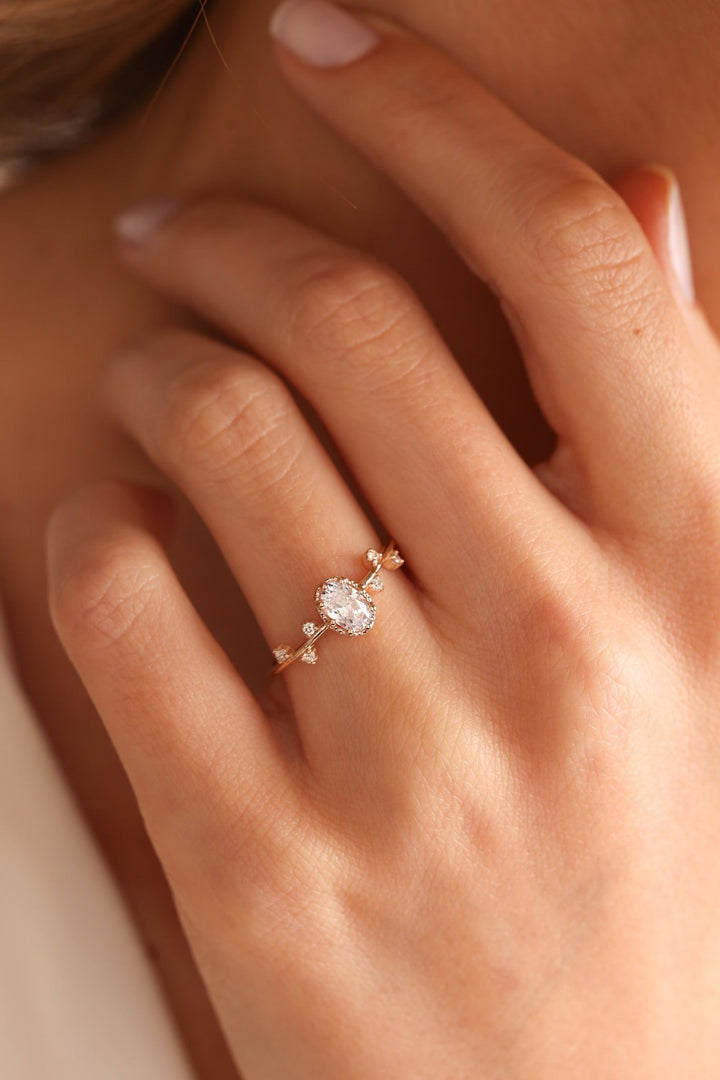 Oval Cut Diamond Unique Engagement Ring in 14K Gold - Doozy Diamonds
