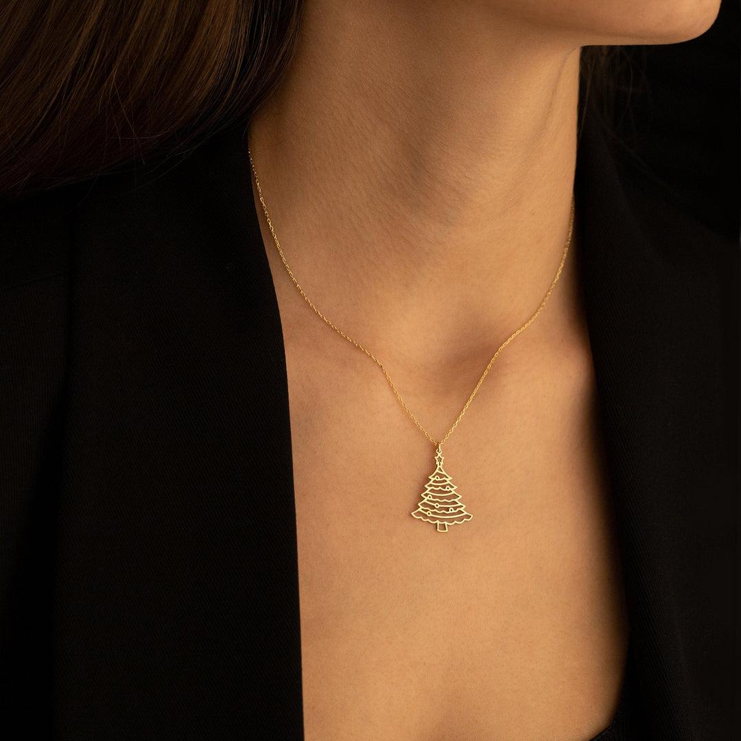 14K Solid Gold Christmas Pine Tree Plain Necklace for Gift - Doozy Diamonds
