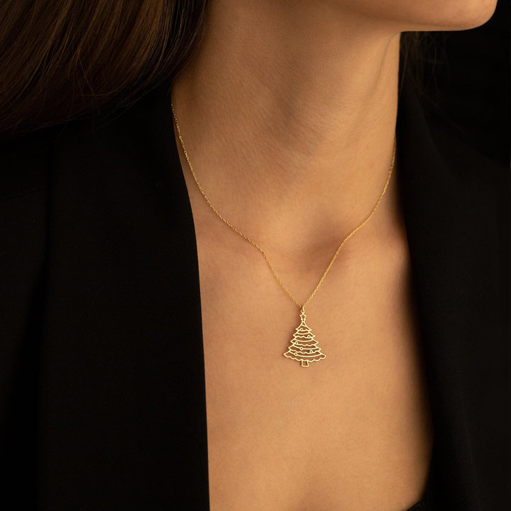 14K Solid Gold Christmas Pine Tree Plain Necklace for Gift - Doozy Diamonds
