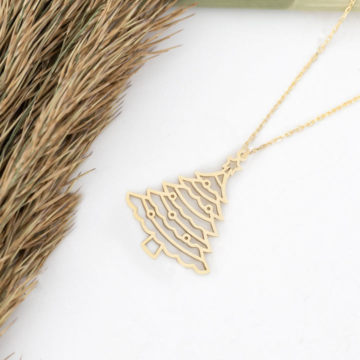 14K Solid Gold Christmas Pine Tree Plain Necklace for Gift - Doozy Diamonds