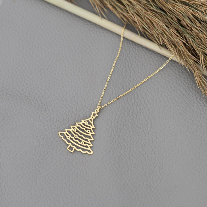 14K Solid Gold Christmas Pine Tree Plain Necklace for Gift - Doozy Diamonds