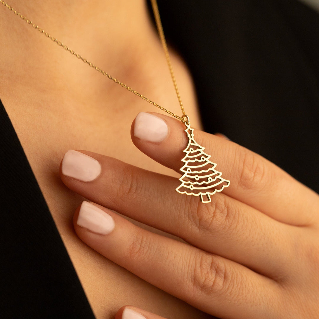 14K Solid Gold Christmas Pine Tree Plain Necklace for Gift - Doozy Diamonds