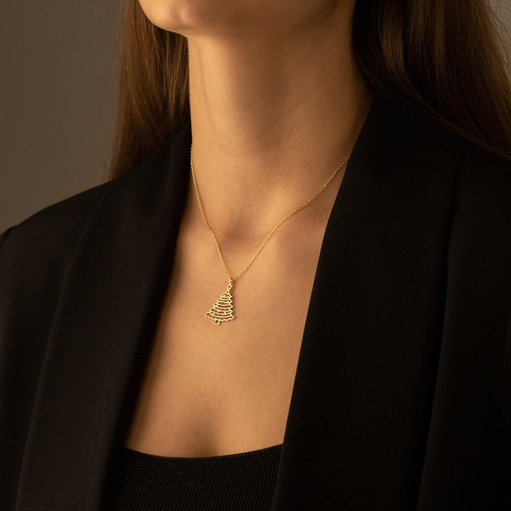 14K Solid Gold Christmas Pine Tree Plain Necklace for Gift - Doozy Diamonds
