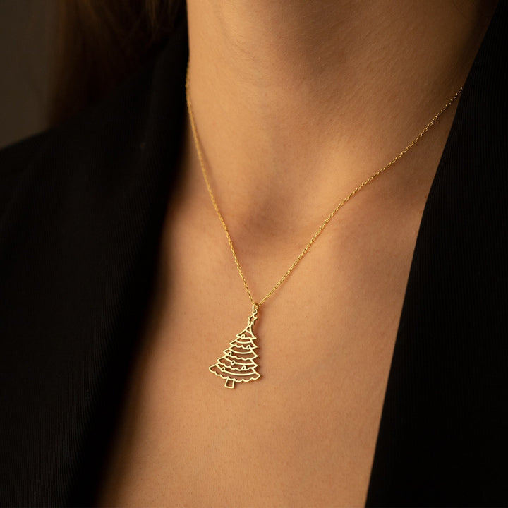 14K Solid Gold Christmas Pine Tree Plain Necklace for Gift - Doozy Diamonds