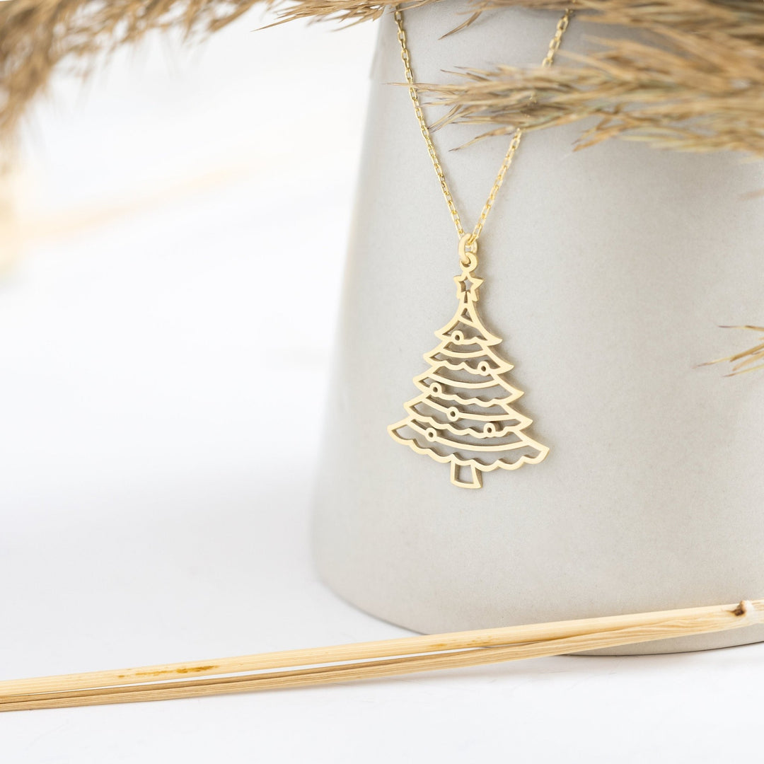 14K Solid Gold Christmas Pine Tree Plain Necklace for Gift - Doozy Diamonds