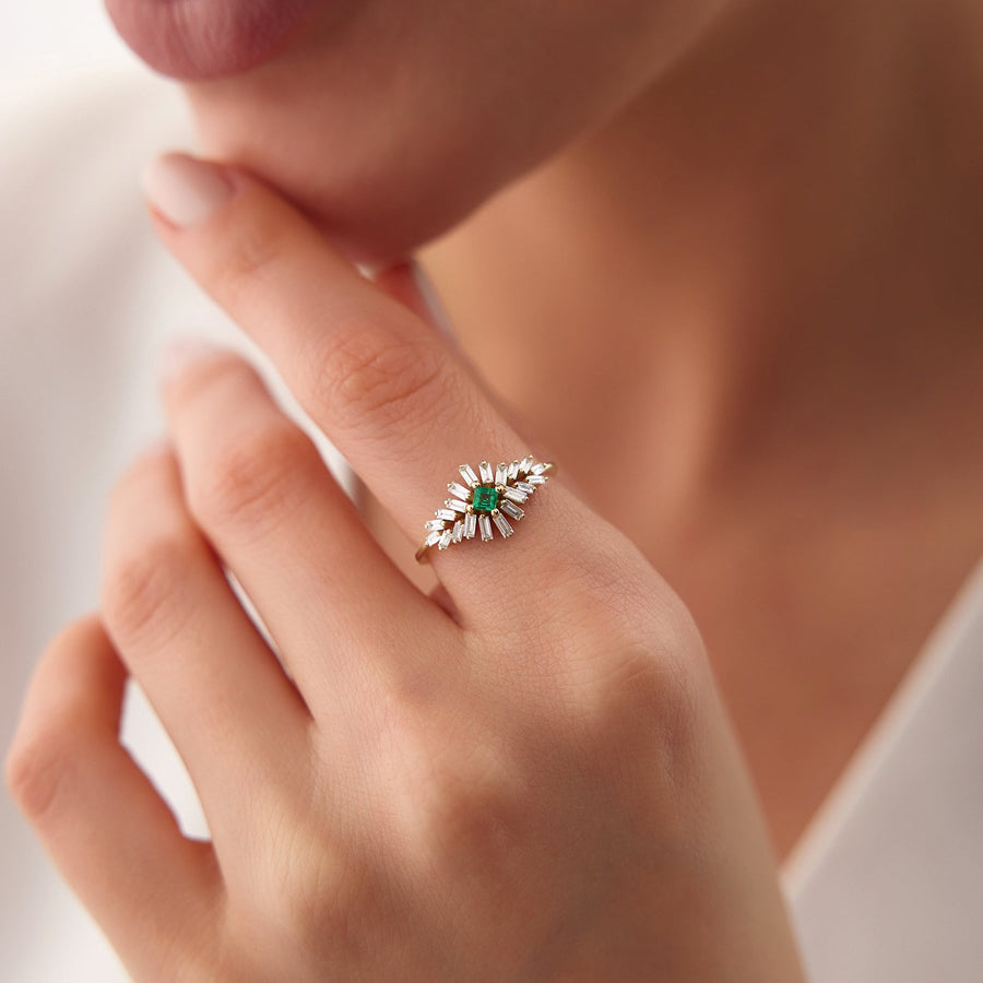 Green Princess & Baguette Cut Diamond Cluster Ring for Women - Doozy Diamonds
