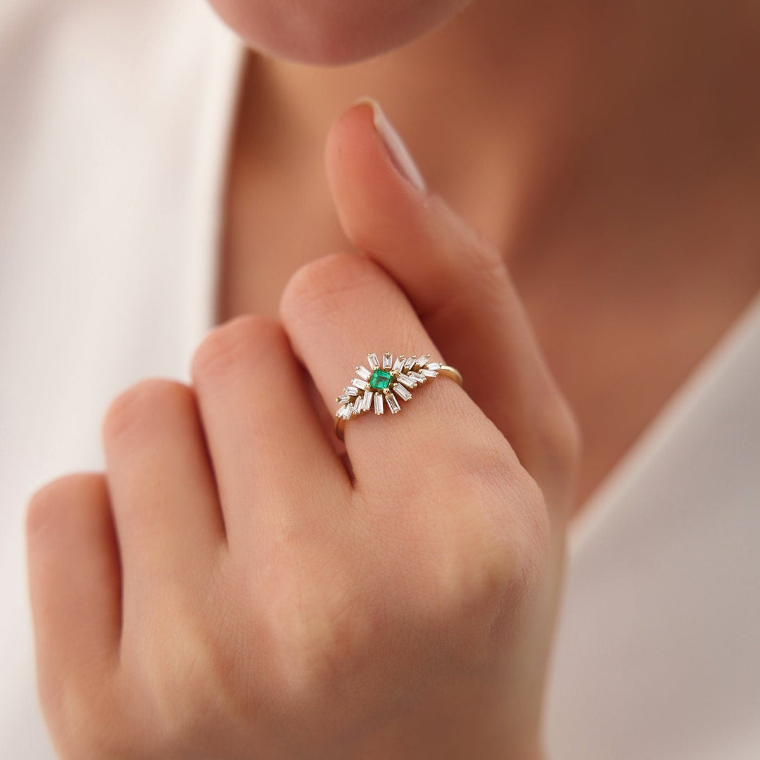 Green Princess & Baguette Cut Diamond Cluster Ring for Women - Doozy Diamonds