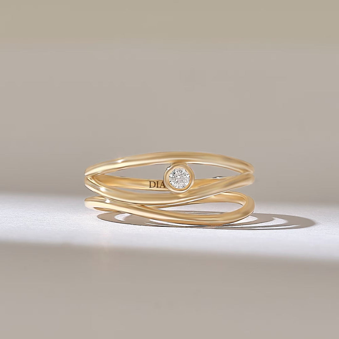 Round Cut Diamond Solid Gold Wavy Line Ring for Women - Doozy Diamonds