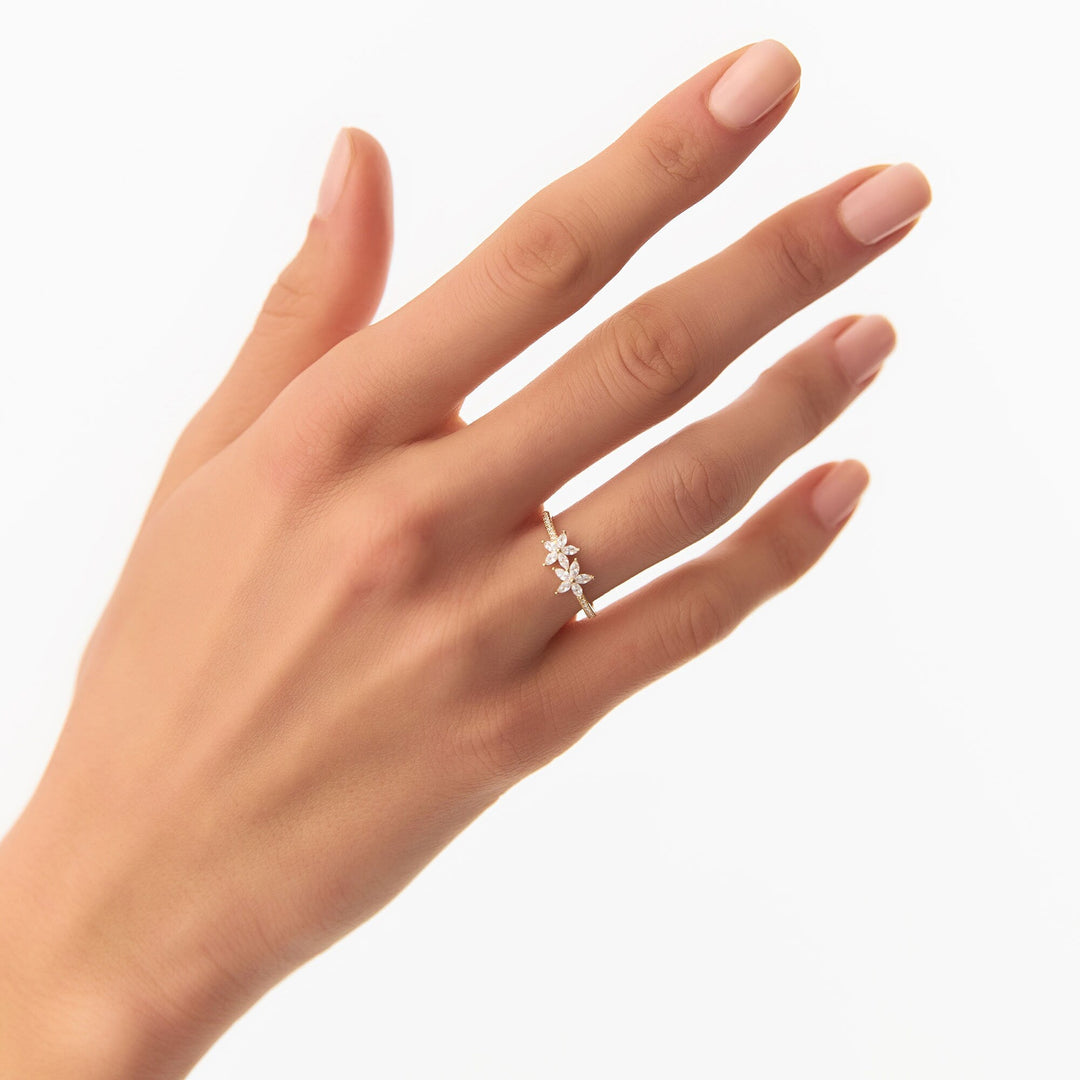 Round & Marquise Cut Diamond Two Flower Wedding Ring for Her - Doozy Diamonds
