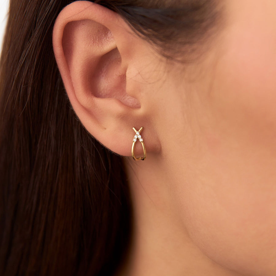 14k Gold Criss Cross Half Hoop Diamond Stud Earrings for Wife - Doozy Diamonds