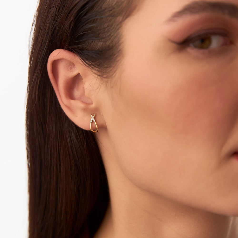 14k Gold Criss Cross Half Hoop Diamond Stud Earrings for Wife - Doozy Diamonds