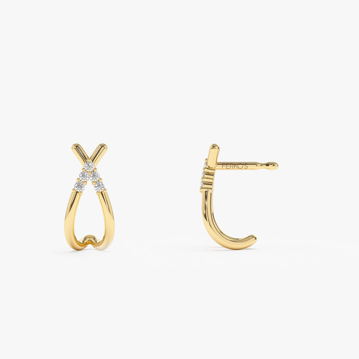 14k Gold Criss Cross Half Hoop Diamond Stud Earrings for Wife - Doozy Diamonds