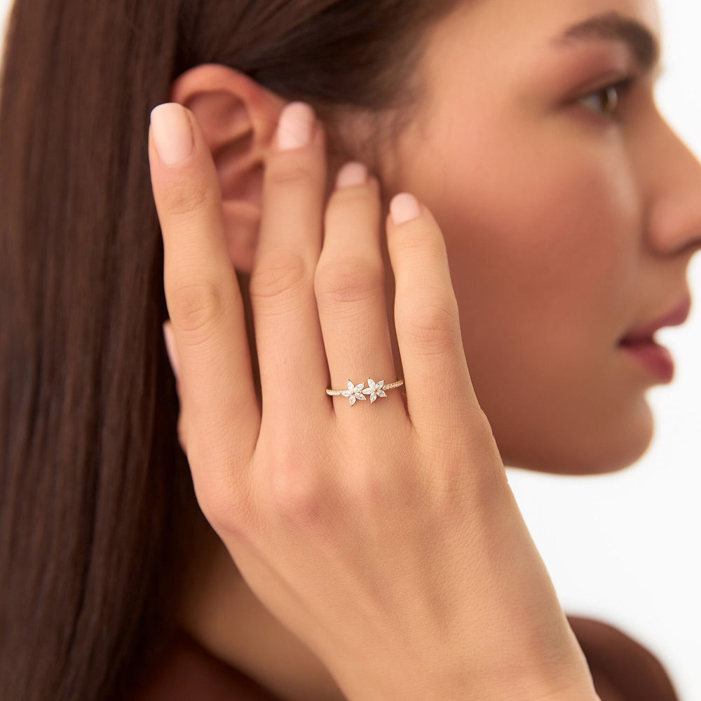 Round & Marquise Cut Diamond Two Flower Wedding Ring for Her - Doozy Diamonds
