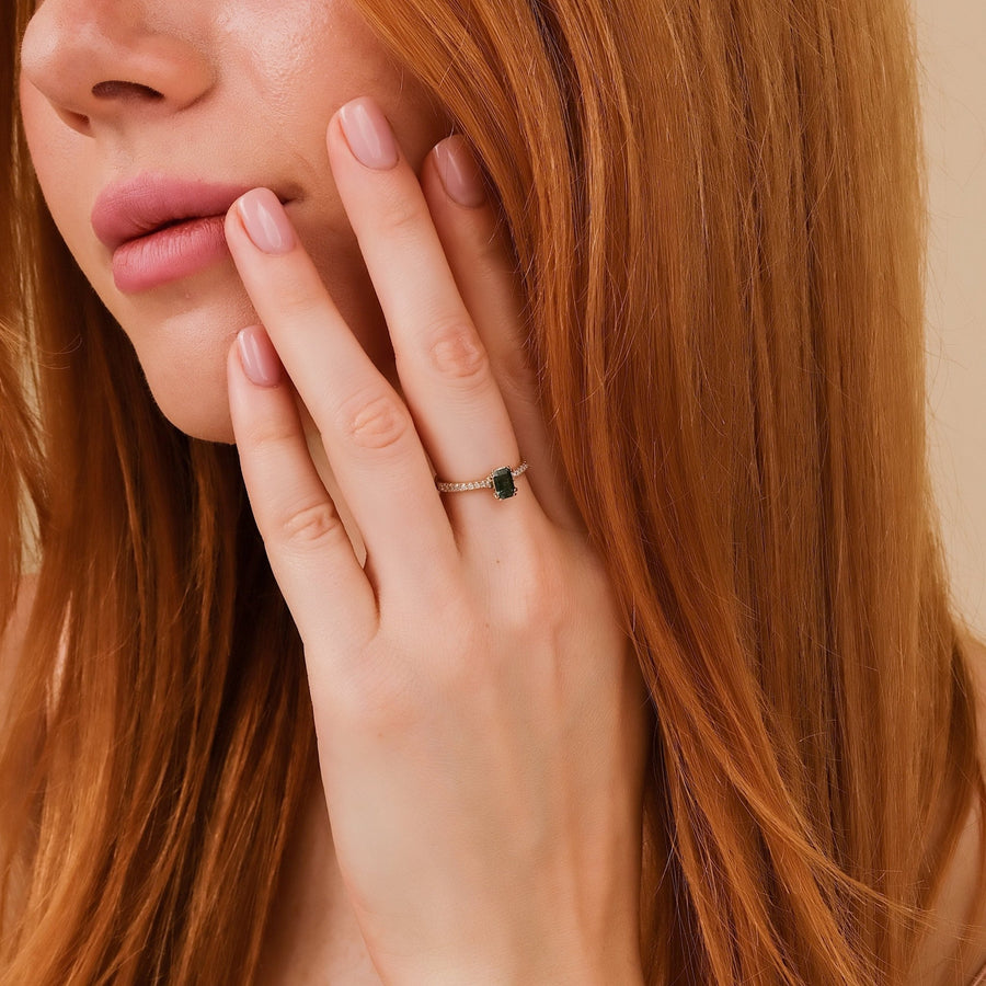Green Emerald Cut Diamond Pave Engagement Ring for Women - Doozy Diamonds