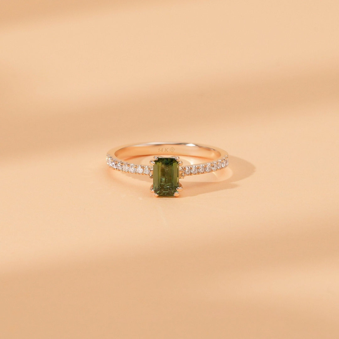 Green Emerald Cut Diamond Pave Engagement Ring for Women - Doozy Diamonds