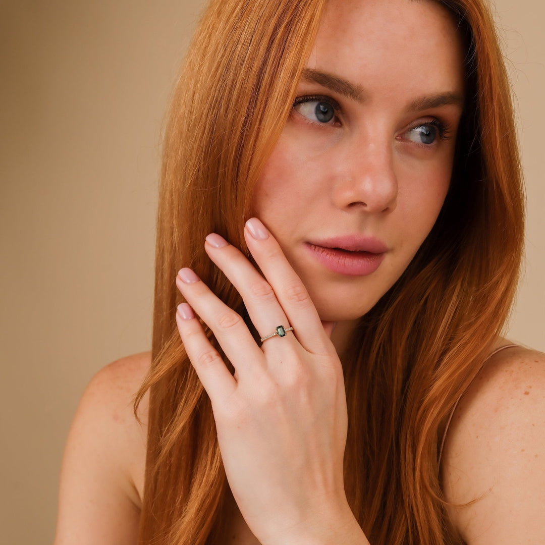 Green Emerald Cut Diamond Pave Engagement Ring for Women - Doozy Diamonds