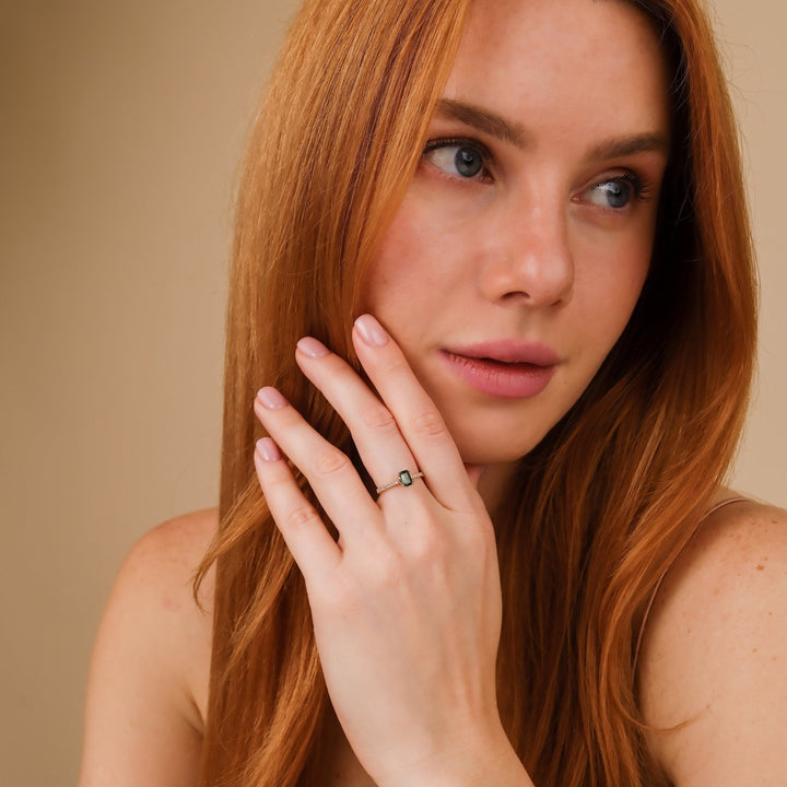 Green Emerald Cut Diamond Pave Engagement Ring for Women - Doozy Diamonds