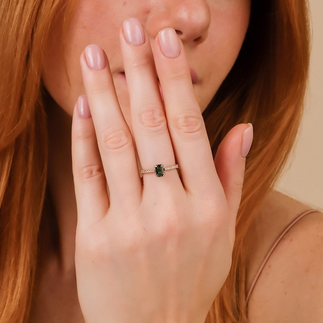 Green Emerald Cut Diamond Pave Engagement Ring for Women - Doozy Diamonds