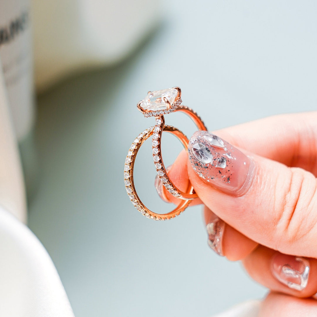 Round diamond band stacked with engagement ring