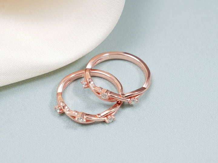 Round diamond band stacked with engagement ring
