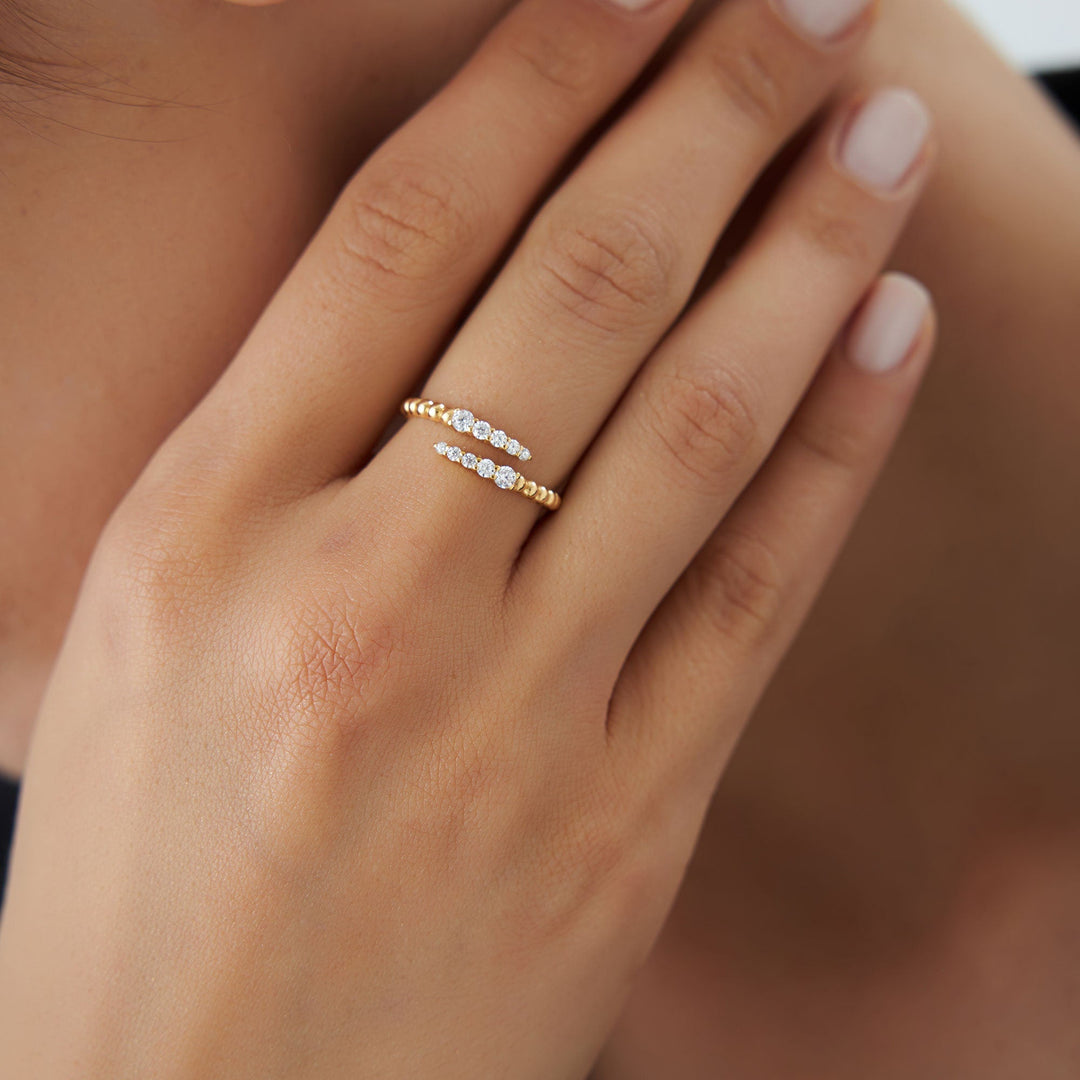 Round Cut Beaded Gold Diamond Spiral Band for Women - Doozy Diamonds