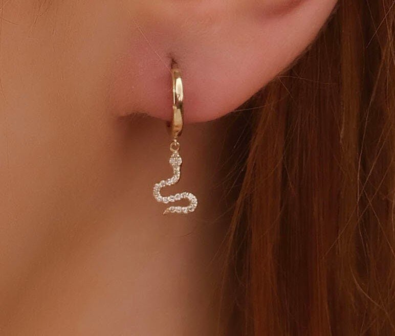 Round Cut Diamond Snake Charm Huggies Earrings for Women - Doozy Diamonds