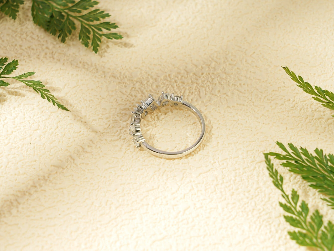 Multi Stone diamond band stacked with engagement ring