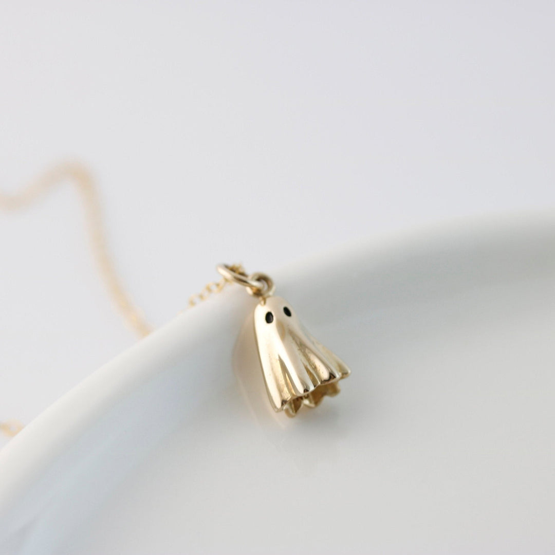14K Solid Gold Ghost Pendant Necklace for Halloween Gift - Doozy Diamonds