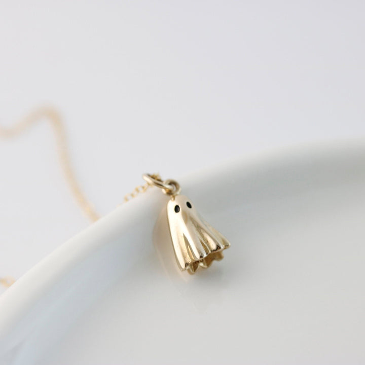 14K Solid Gold Ghost Pendant Necklace for Halloween Gift - Doozy Diamonds