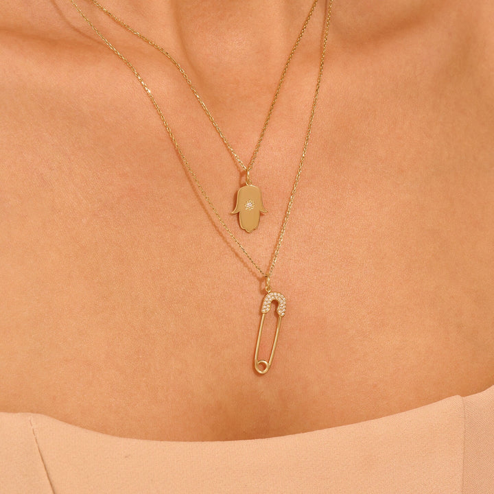 Round Cut Diamond Safety Pin Pendant Necklace for Her - Doozy Diamonds