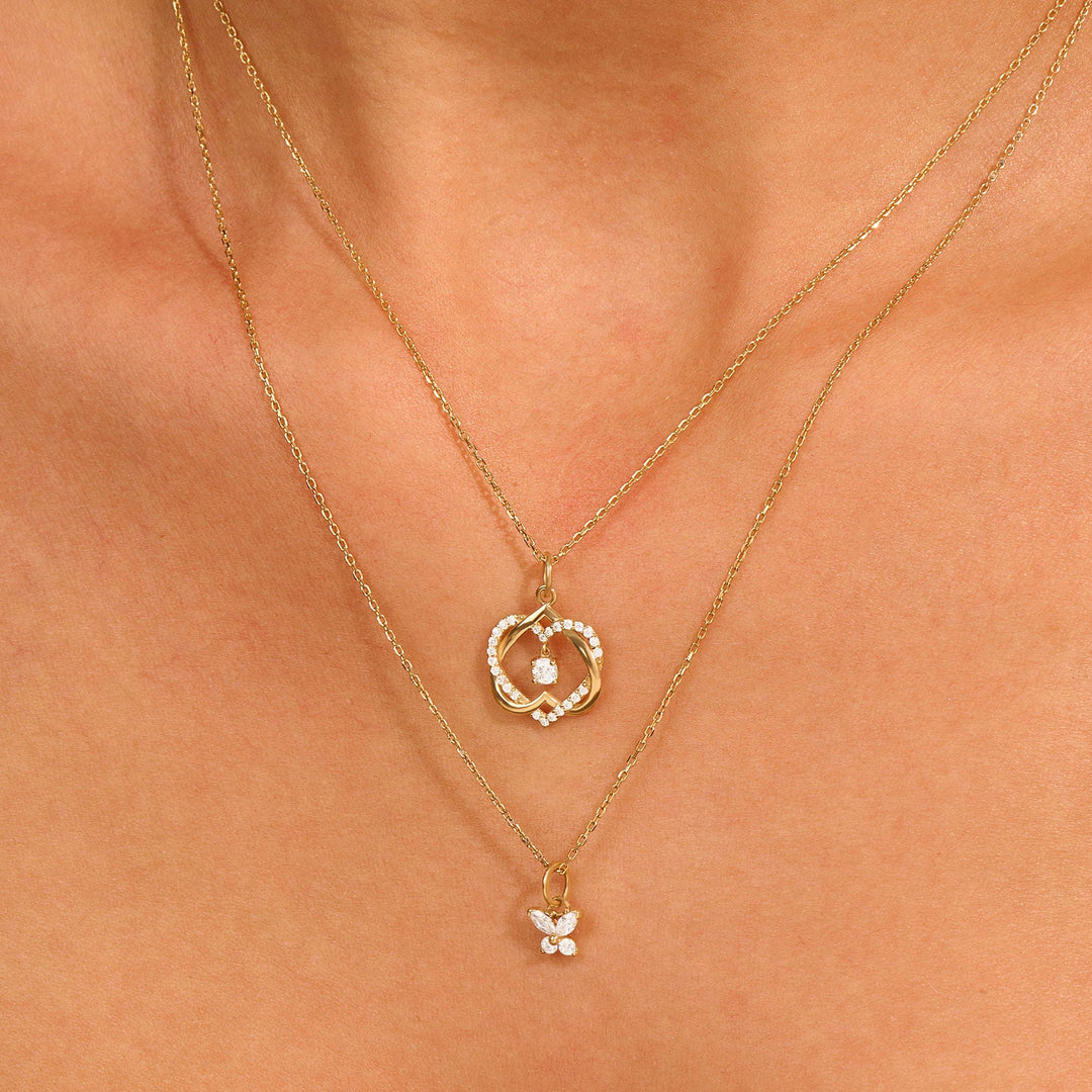 Round Cut Diamond Double Heart Intertwined Necklace for Her - Doozy Diamonds