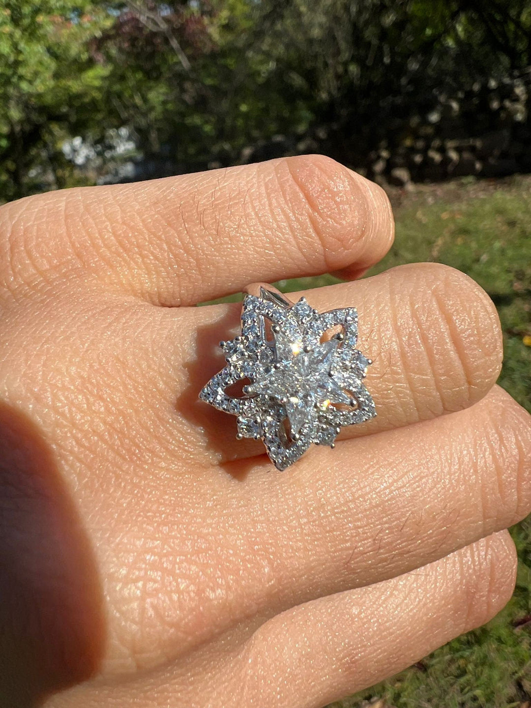 Round & Lozenge Cut Star Pattern Diamond Snowflake Ring for Her - Doozy Diamonds