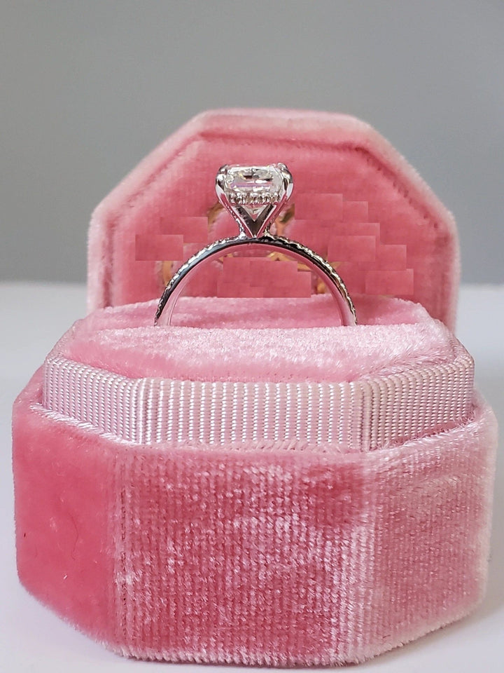 IGI certified radiant cut diamond in hidden halo engagement ring setting