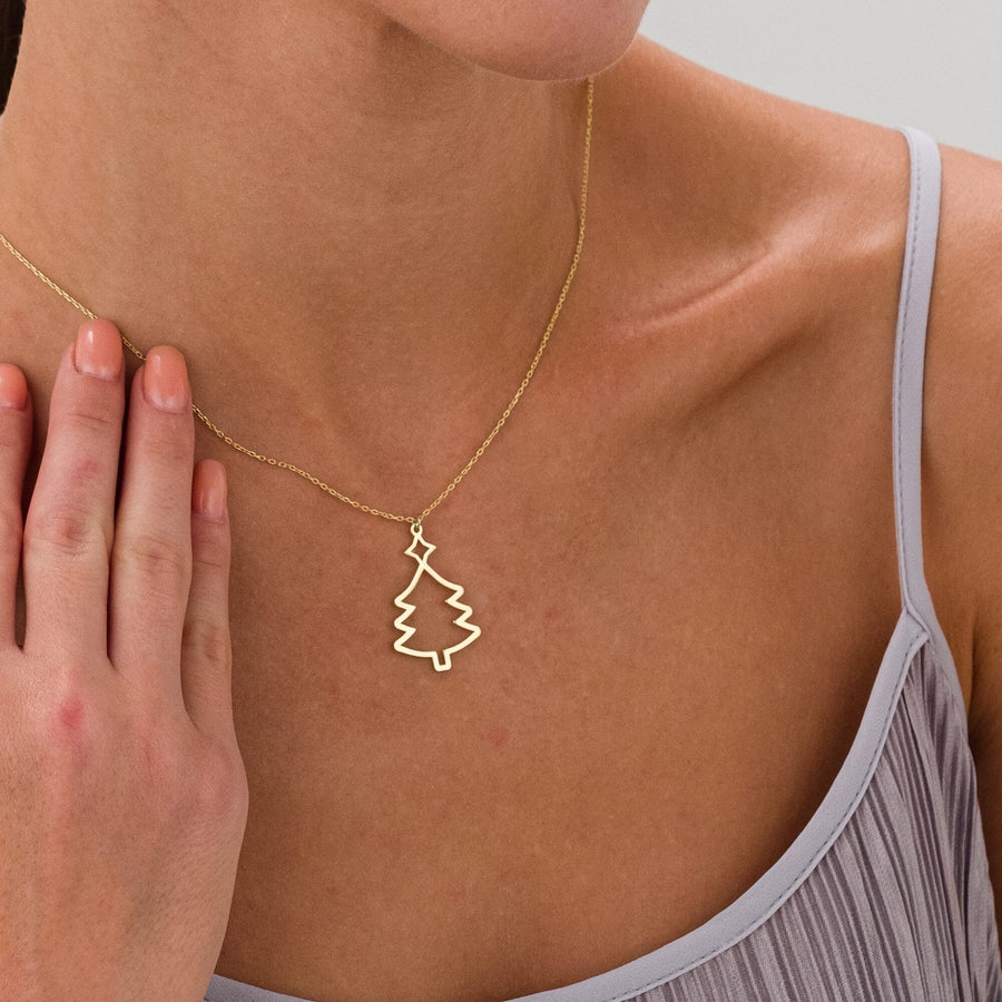 14K Gold Plated Christmas Pine Tree Necklace Pendant Gift For Her - Doozy Diamonds
