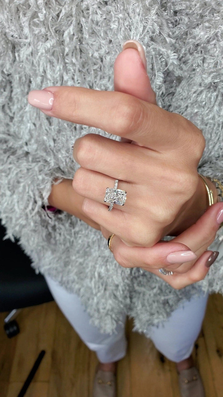 Radiant hidden halo engagement ring with certified lab grown diamond