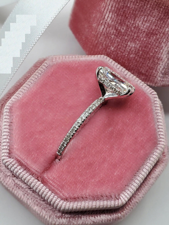 Certified radiant cut diamond featured in hidden halo engagement ring