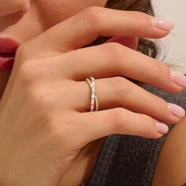 Round & Baguette Cut Diamond Double Cross Wedding Band for Women - Doozy Diamonds