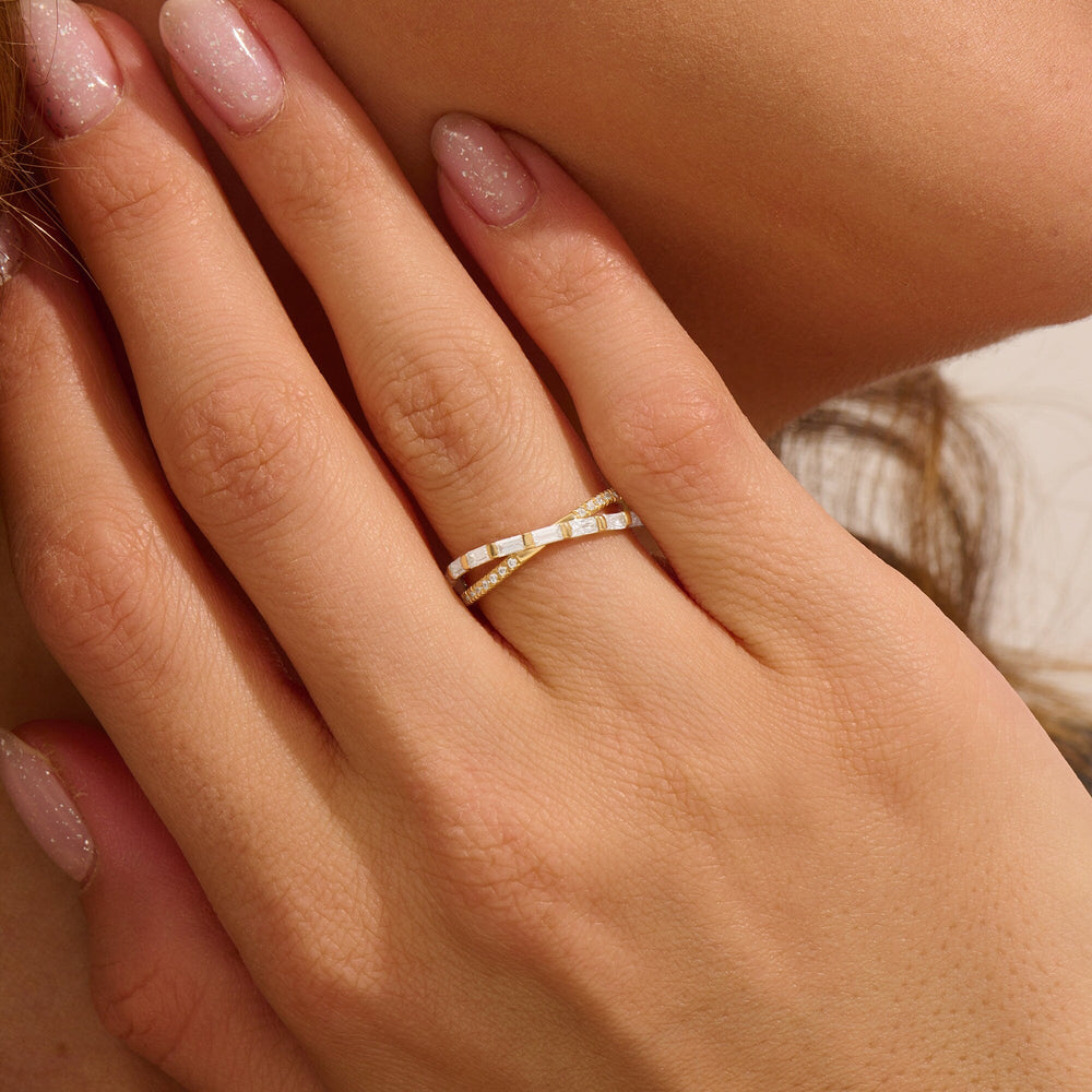 Round & Baguette Cut Diamond Double Cross Wedding Band for Women - Doozy Diamonds