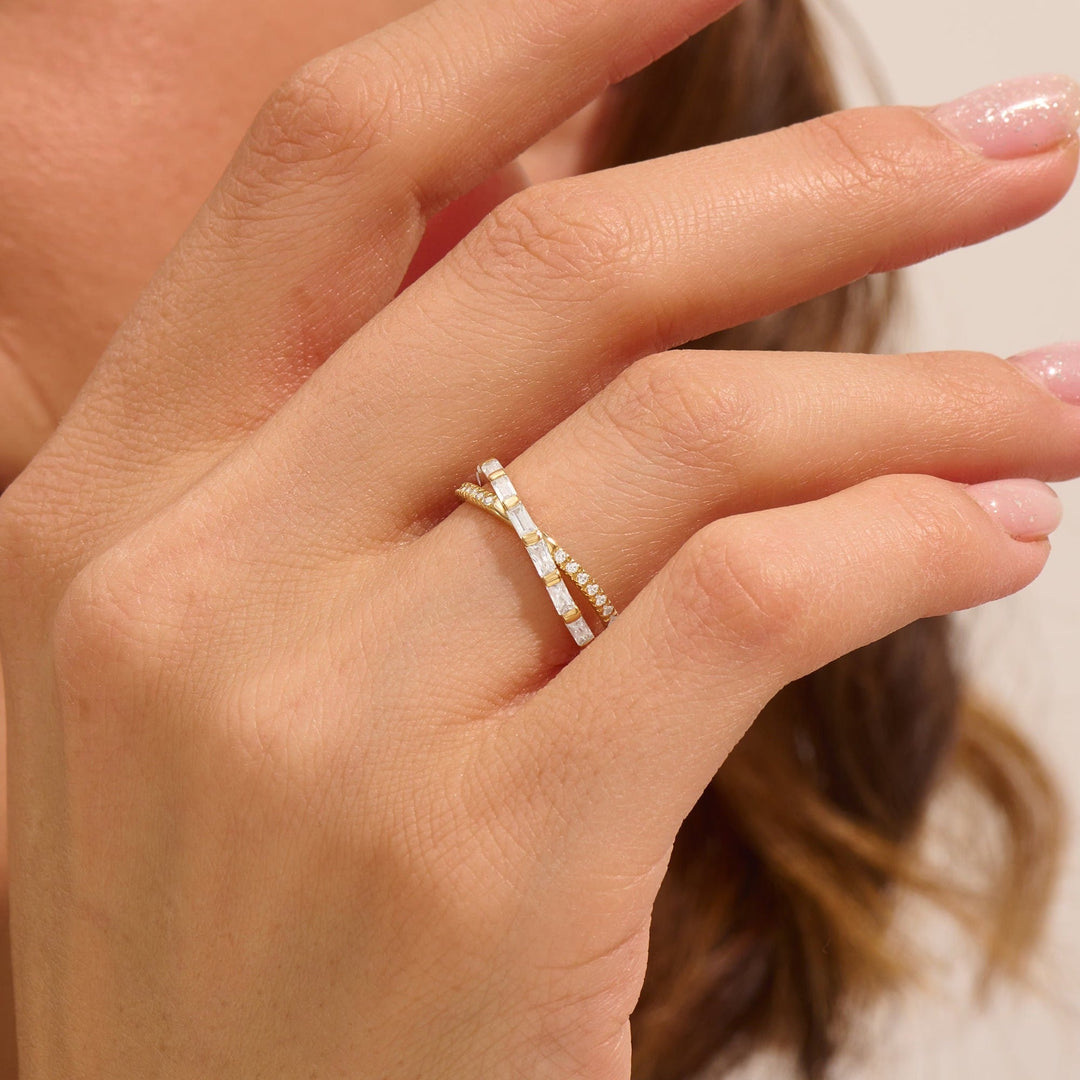 Round & Baguette Cut Diamond Double Cross Wedding Band for Women - Doozy Diamonds