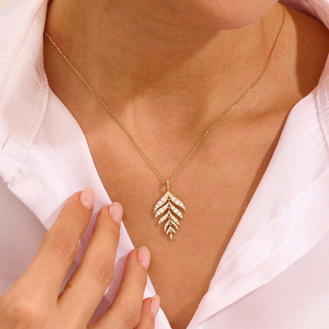 Round Cut Diamond Leaf Pendant Necklace Gift for Her - Doozy Diamonds