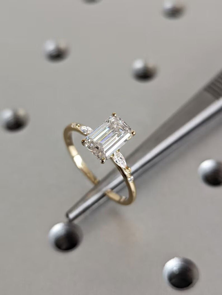 Emerald cluster lab grown diamond ring in jewelry gift box
