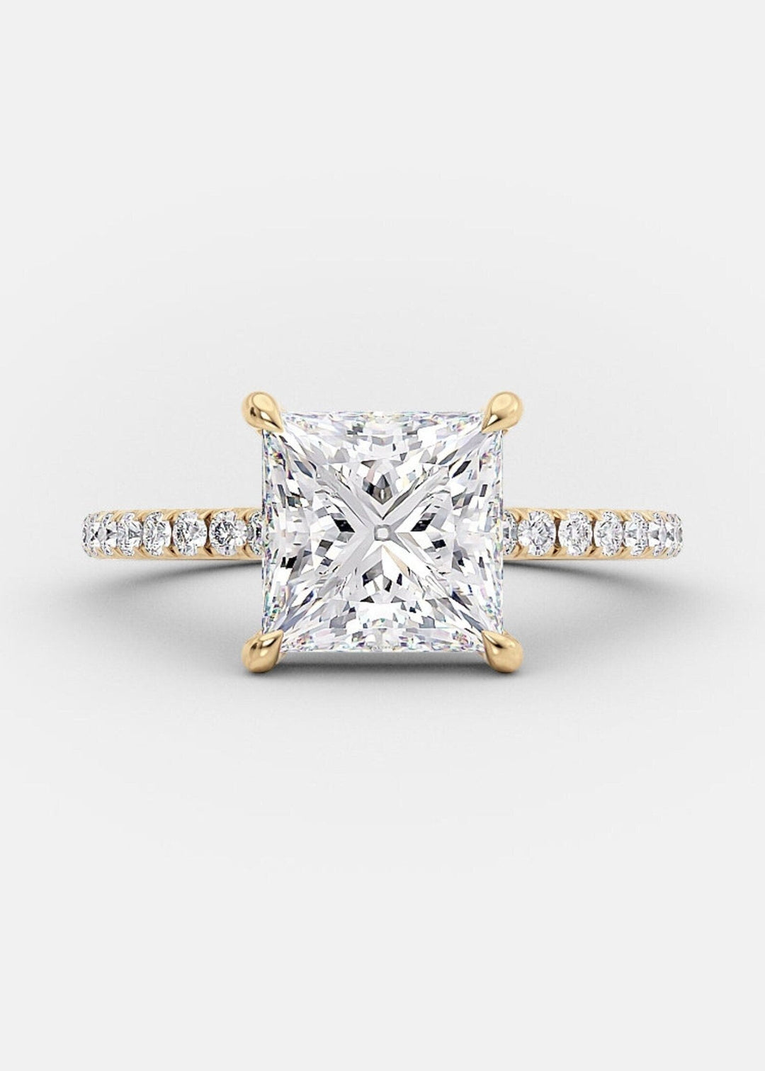 Princess pave engagement ring shown on hand for true-to-life sizing