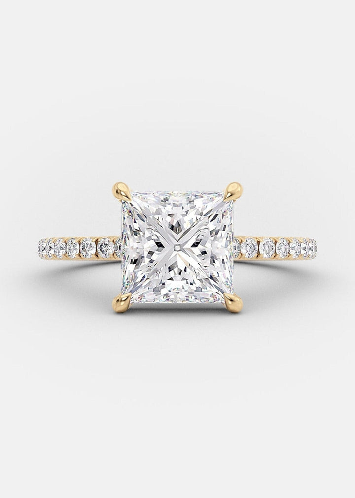 Princess pave engagement ring shown on hand for true-to-life sizing