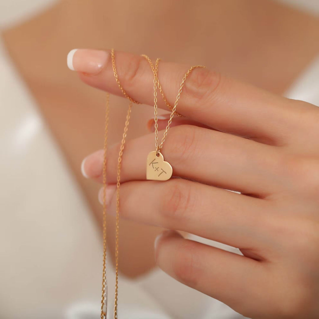 Letter Engraved Heart Necklace in 14K Solid Gold - Doozy Diamonds