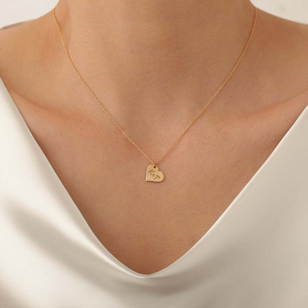 Letter Engraved Heart Necklace in 14K Solid Gold - Doozy Diamonds